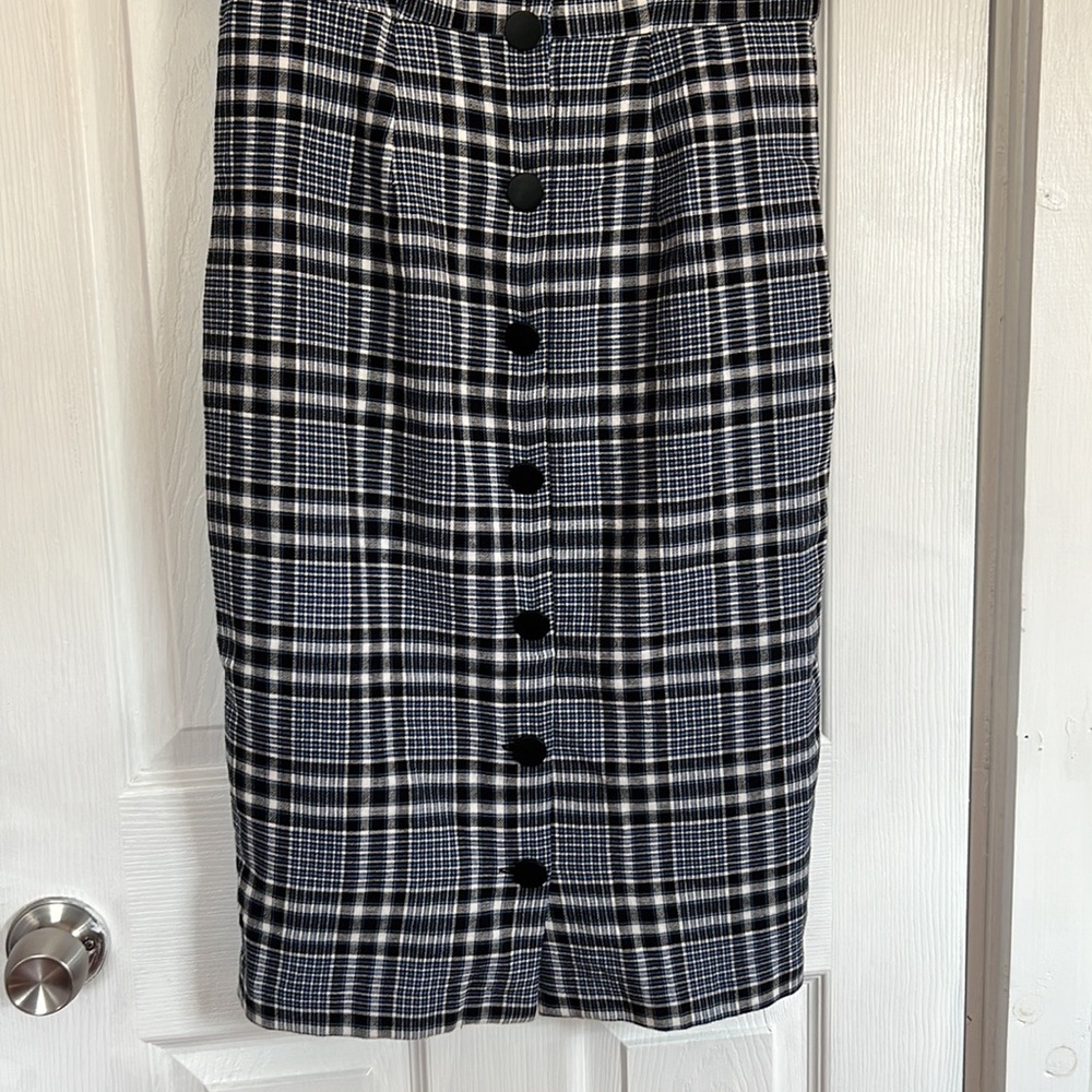 Basque Womens Midi Dress Blue Black plaid Size 10 Cap Sleeves Cotton Blend NWT - Picture 3 of 15